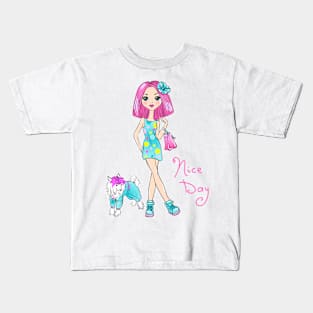 Pop Art girl in dress with dog Kids T-Shirt